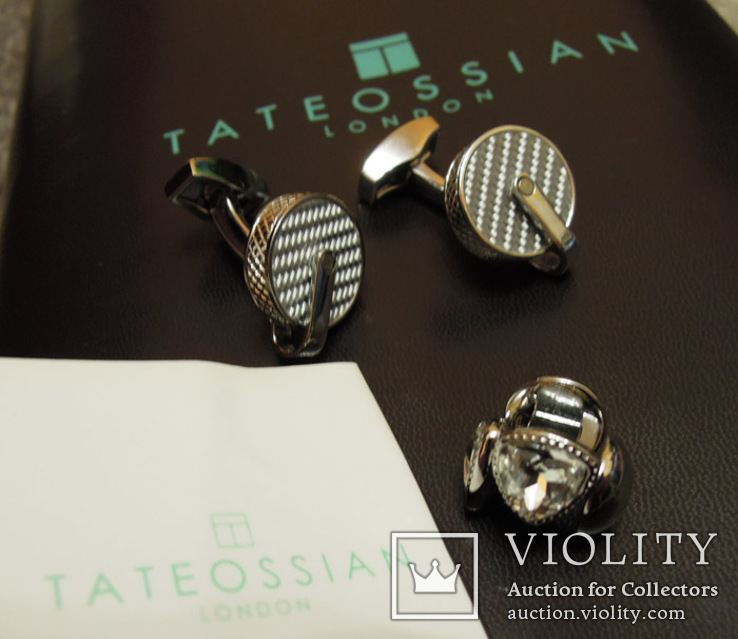 Запонки Tateossian +чехол / Pulley Carbon Fibre / Round Grey Cufflin, фото №2