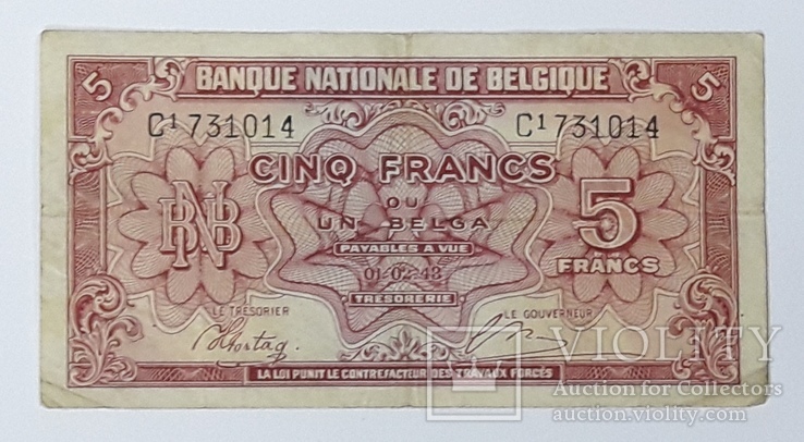 Бельгия 5 франков 1943 год, фото №2
