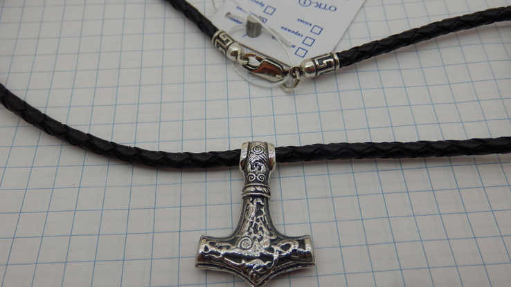 Серебряная подвеска "Молот Тора"+кожаный плетеный шнурок, фото №2