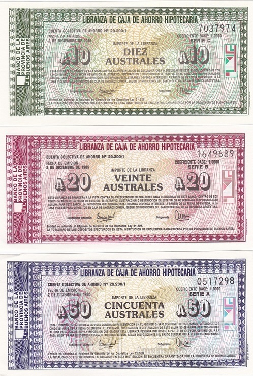 Argentina Аргентина - 10 20 50 Australes 1985 UNC набор 3 банкноты JavirNV, фото №2