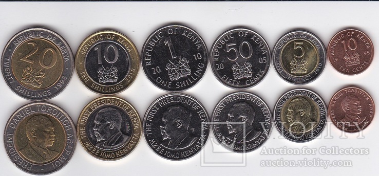 Kenya Кения - набор 6 монет 10 50 Cents 1 5 10 20 Shillings 1995 - 2010 UNC JavirNV