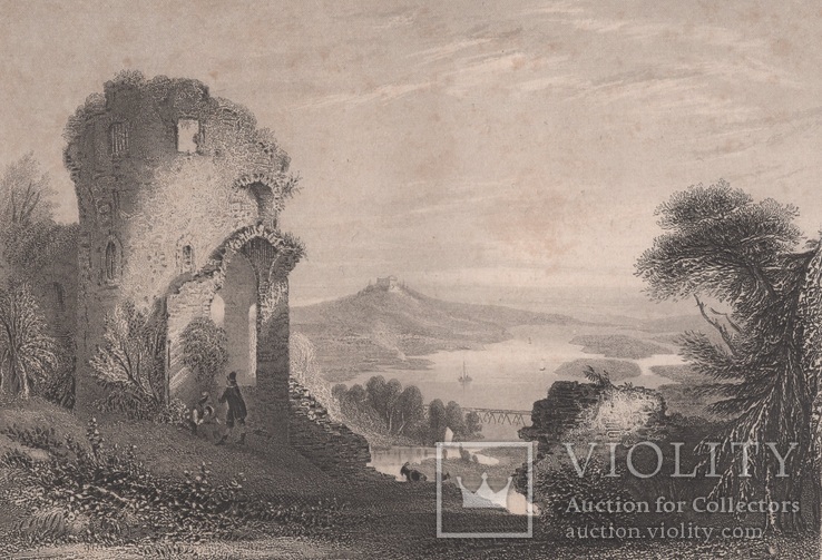 Старинная гравюра. 1845 год. Руины под Донауштауфом. Автор Пейн.