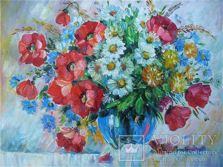 "Полевые цветы в синей вазе" 35 * 45  Мастихин  масло холст подрамник, фото №2