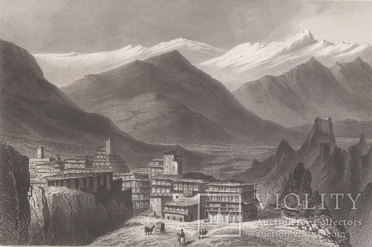 Старинная гравюра. 1860 год. Город Нуха (Шеки) на Кавказе.