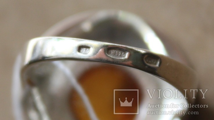 Серебряное кольцо с янтарем, золотой проволокой и эмалью, фото №3