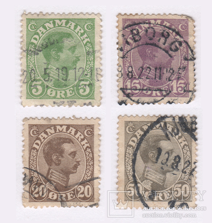 1913 Дания. 1913 King Christian X 5, 15, 20 и 50 эре