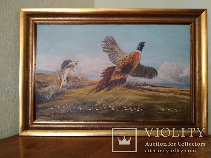 Картина "Охота на фазана".Европа. 92*62 см. Холст. Масло. Подпись., фото №2