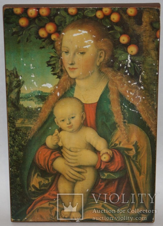 3.Картина-репродукция Л.Кранаха ст. "Дева Мария с ребенком под яблоней" 1970-х.,под лаком., фото №2