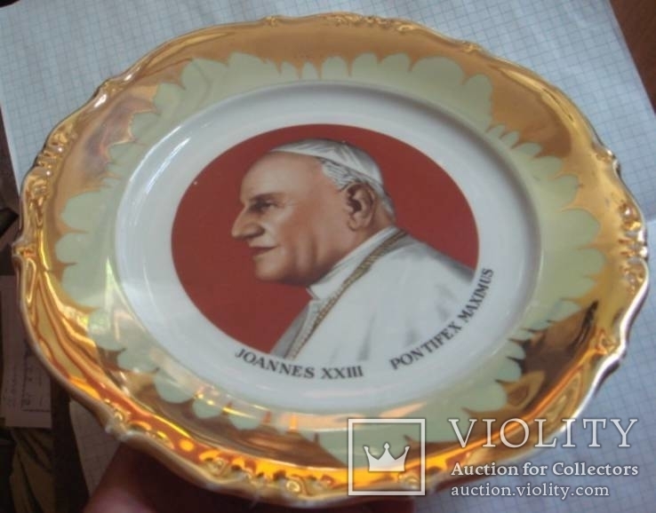 Святой Иоанн XXIII, настенная тарелка, фарфор, обильно полита золотом., фото №5