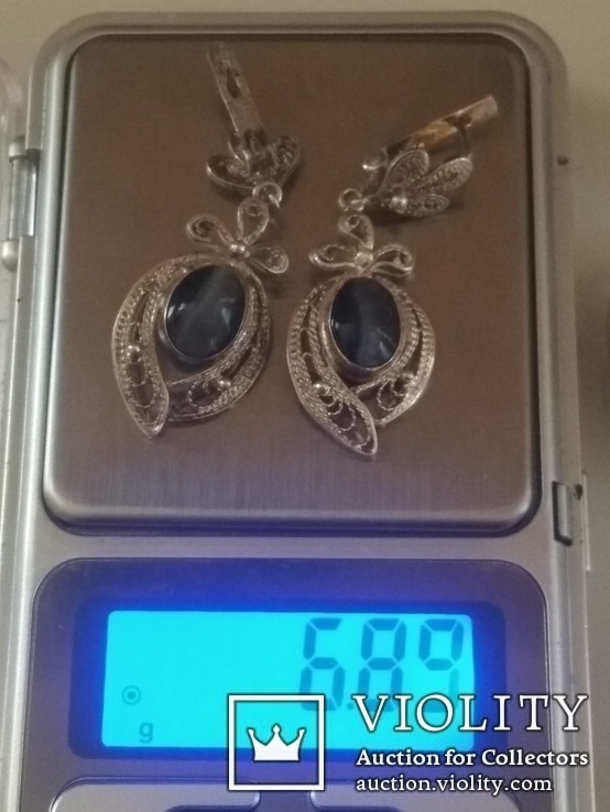 Серебряные Серьги с Камнем Кошачий Глаз.Скань., фото №5