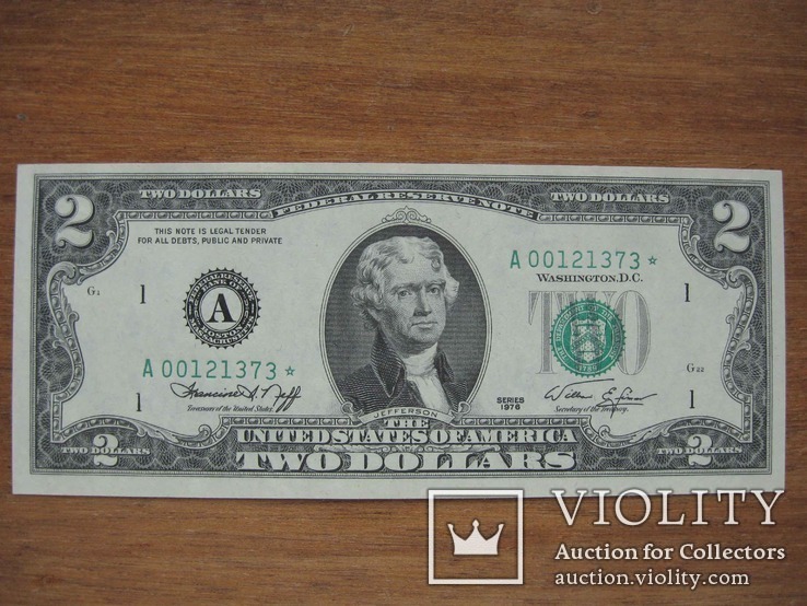 2 доллара 1976 г. Банкнота замещения. Без следов обращения