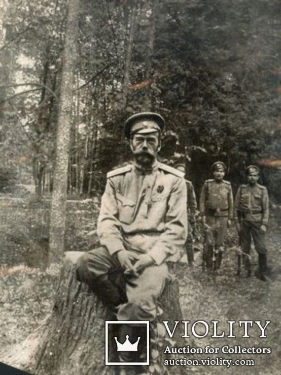 Император Николай II Александрович сидит в лесу на пне. Карточка выполнена промышленной печатью.