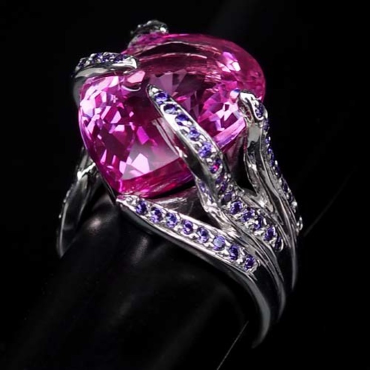 Кольцо серебряное 925 натуральный платиновый розовый топаз, пурпурный аметист., фото №3