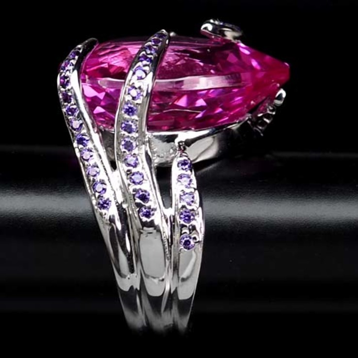 Кольцо серебряное 925 натуральный платиновый розовый топаз, пурпурный аметист., фото №4