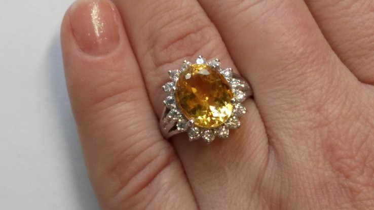 Кольцо серебряное 925 натуральный желто - оранжевый цитрин, цирконий., фото №7