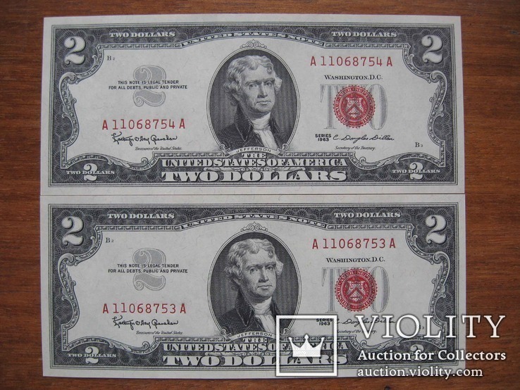 Две банкноты 2 доллара 1963 г. Номера подряд