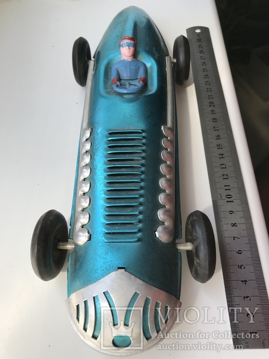 Винтажный гоночный автомобиль механическая фрикционная игрушка СССР из 1950х, фото №2