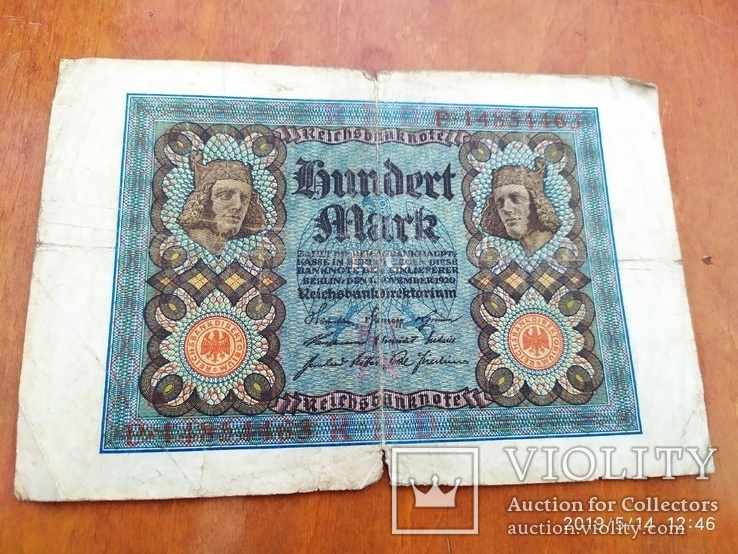 100 Reichsbanknote 1920 г., фото №2