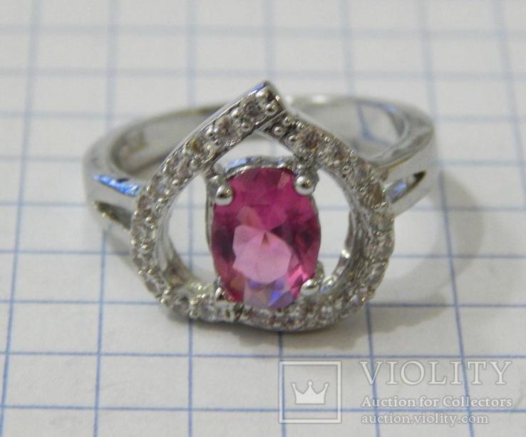 Кольцо с розовой вставкой с серебрением, фото №2