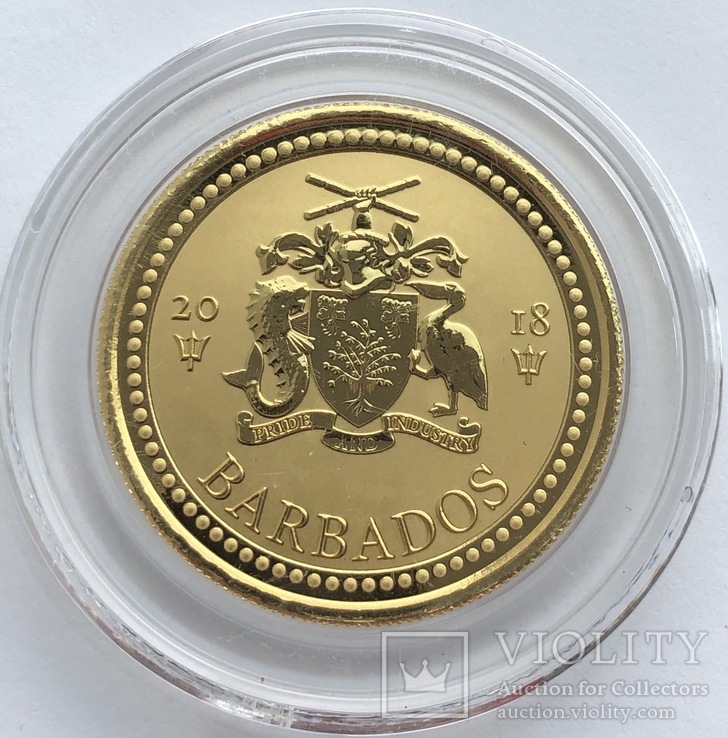 5 $ 2018 год Барбадос золото 31,1 грамм 999,9’, фото №3