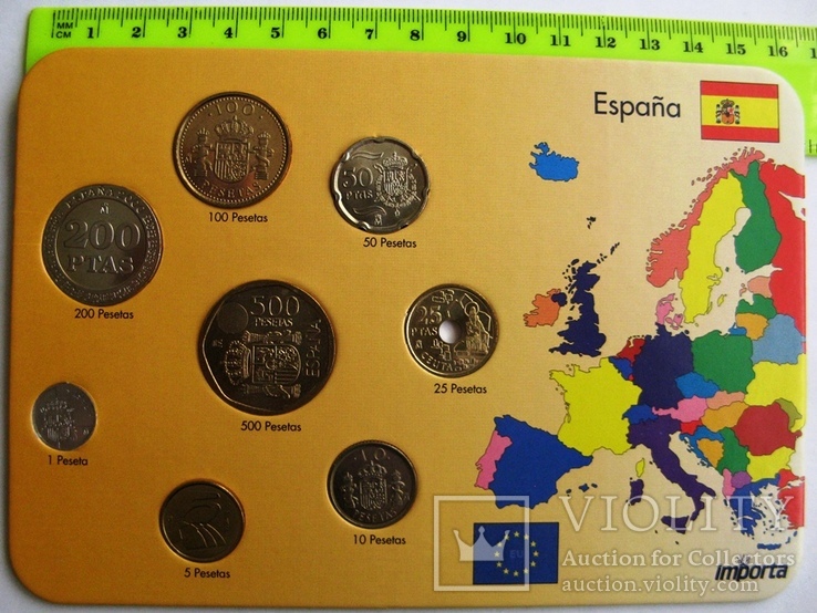 Комплект монет Испании 1, 5, 10, 25, 50, 100, 200, 500 песет 1998 - 2001