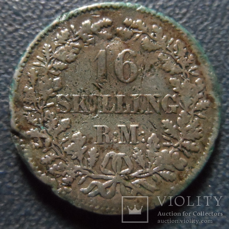 16 скиллингов 1857  серебро Дания    (Г.3.23)~, фото №2