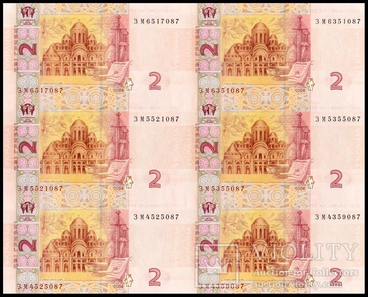 2 гривны 2004 - Аркуш / Банковский Лист - 1/10. 6 банкнот (подп. Тигипко) - UNC, Пресс, фото №3