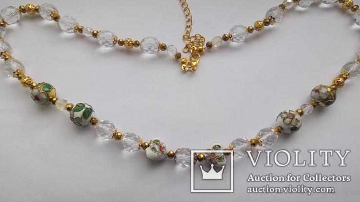 Ожерелье- бусы стекло, клуазоне . длина 50 см+ 8 см, фото №2