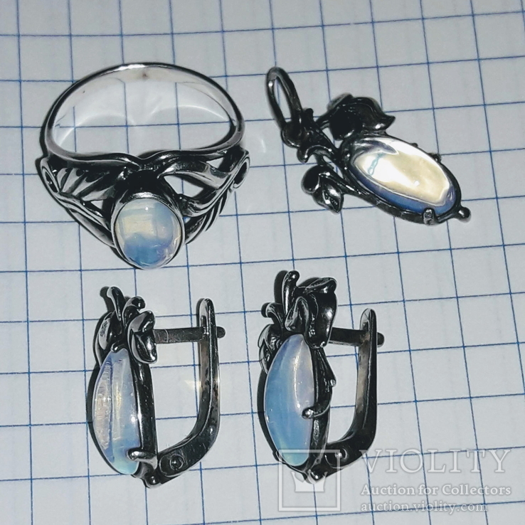 Серьги, кольцо и подвес, серебро 925, лунный камень, фото №6