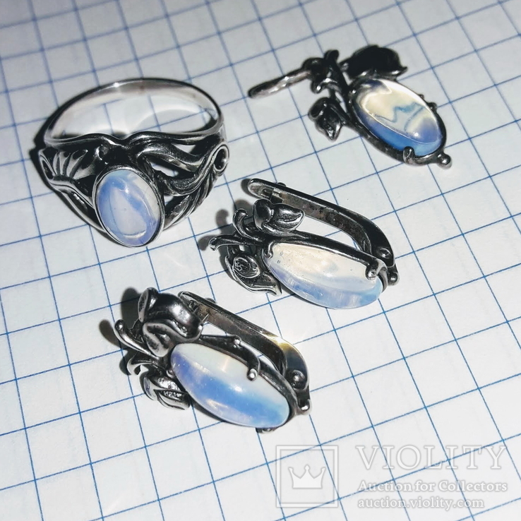 Серьги, кольцо и подвес, серебро 925, лунный камень, фото №8