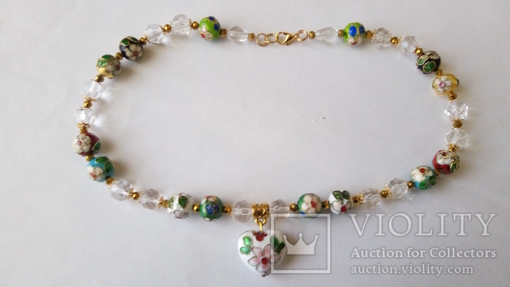 Ожерелье- бусы стекло с подвеской, клуазоне . Длина 43 см, фото №3