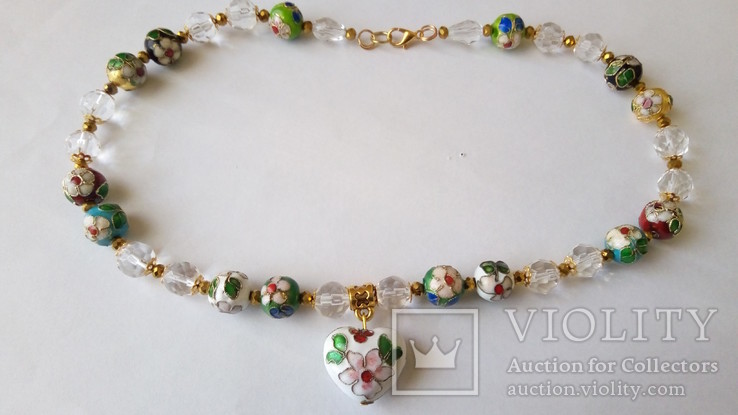 Ожерелье- бусы стекло с подвеской, клуазоне . Длина 43 см, фото №5