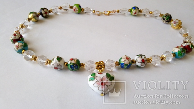 Ожерелье- бусы стекло с подвеской, клуазоне . Длина 43 см, фото №2