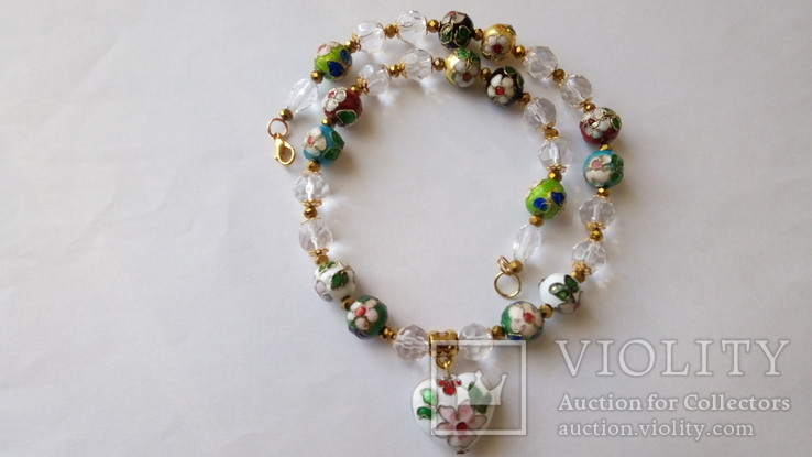 Ожерелье- бусы стекло с подвеской, клуазоне . Длина 43 см, фото №6