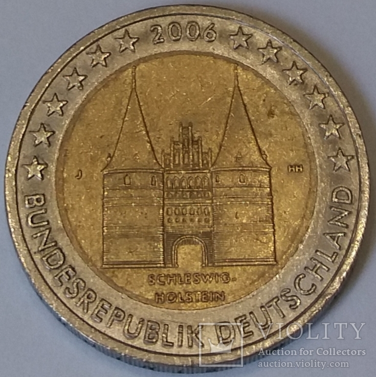 Німеччина 2 євро, 2006 Голштинські ворота у Любеку, Шлезвіг-Гольштейн, фото №2