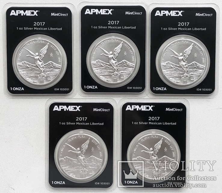 5 монет 1 унция 2017 год Мексика Либертад серебро 31,1 грамм 999,9’, фото №2