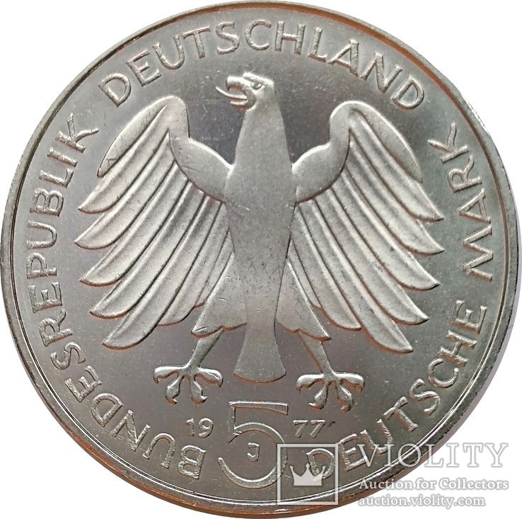 Германия 5 марок,1977,200 лет со дня рождения Карла Фридриха Гаусса,С46, фото №3