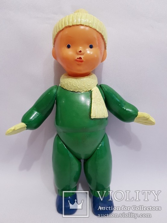 Целлулоид кукла спортсмен лыжник мальчик в шапке и шарфе 21 см. клеймо СССР мишка, фото №4