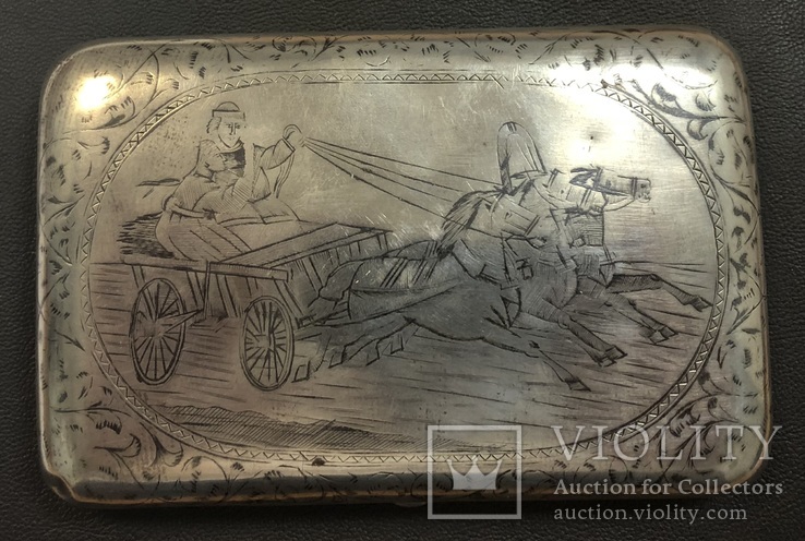 Серебряный портсигар с тройкой лошадей 84 проба. 1896 год, фото №2