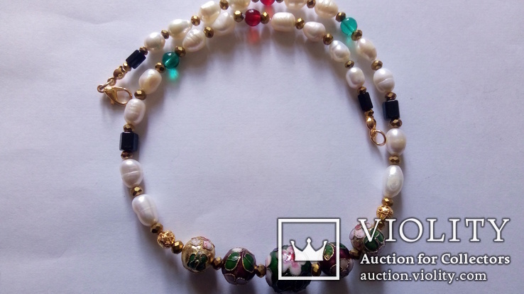 Ожерелье - бусы , натуральный жемчуг, клуазоне. длина 45 см, фото №3