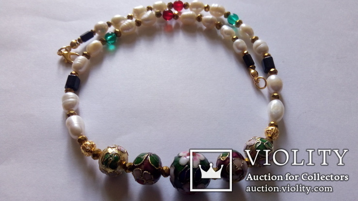 Ожерелье - бусы , натуральный жемчуг, клуазоне. длина 45 см, фото №6