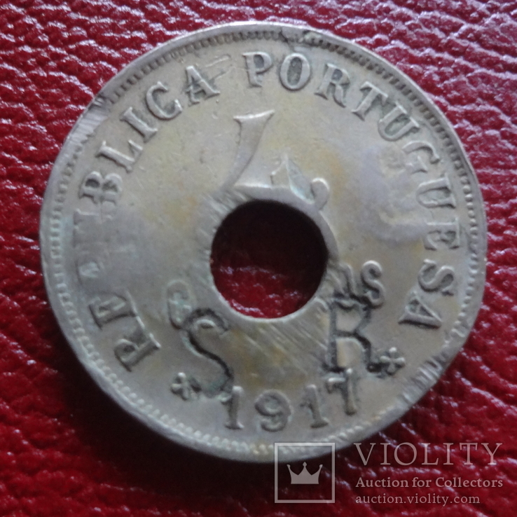 4 сентаво 1917    Португалия  надчекан отверстие ($3.1.15)~, фото №2