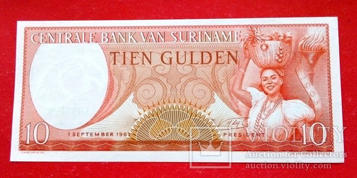 Суринам - 10 Gulden 1963 г.  UNC Пресс, фото №2
