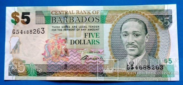Барбадос 5 долларов 2007 UNC, фото №2