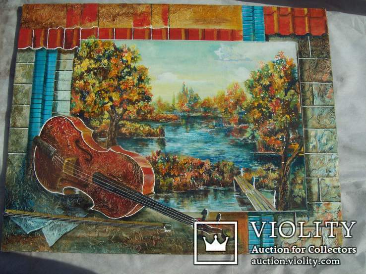 Картина в картине скрипка пейзаж река осень масло г.Одесса, фото №2