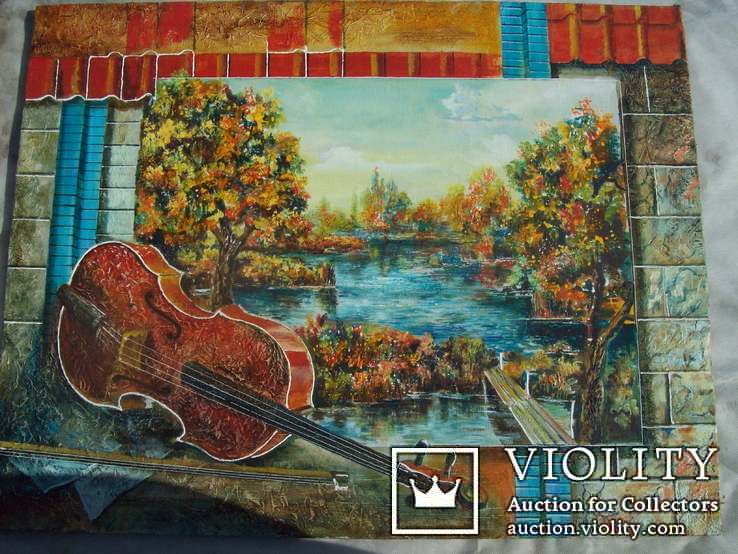 Картина в картине скрипка пейзаж река осень масло г.Одесса, фото №3
