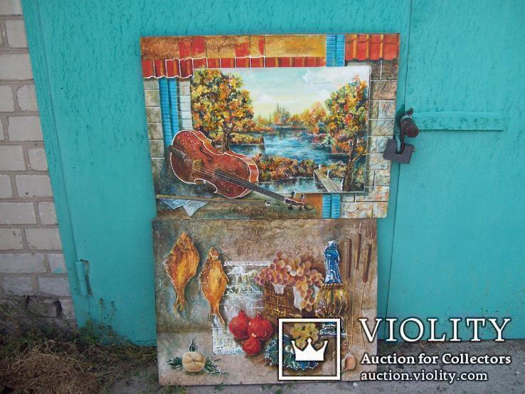 Картина в картине скрипка пейзаж река осень масло г.Одесса, фото №11