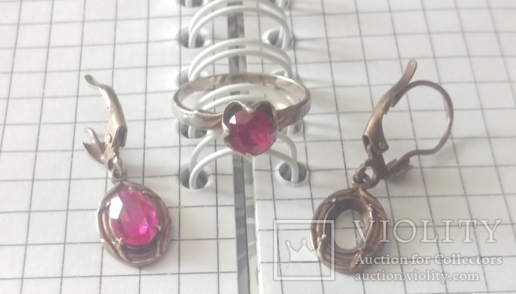 Кольцо и сережки с рубинами ,звезда 875 (ОХО) позолота