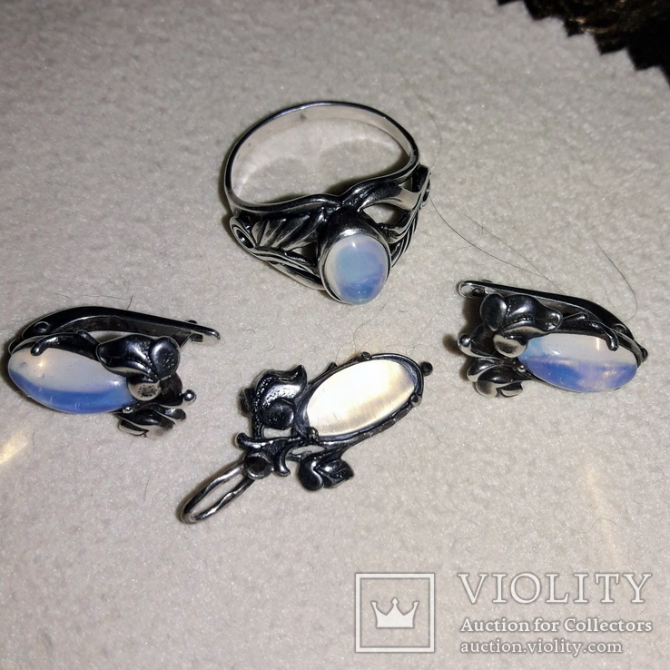 Серьги, кольцо и подвес, серебро 925, лунный камень, фото №5