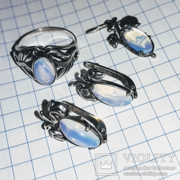 Серьги, кольцо и подвес, серебро 925, лунный камень, фото №8